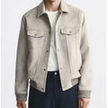 British style long sleeve commuter jacket in soft velvet fabric, available in light gray or mink colours.