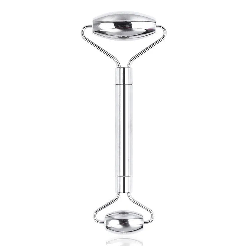 Stainless steel facial massage set with double-headed roller and heart-shaped scraping plate