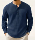 Long sleeve cotton linen pullover shirt in slim fit with 3/4 sleeves in a solid colour.