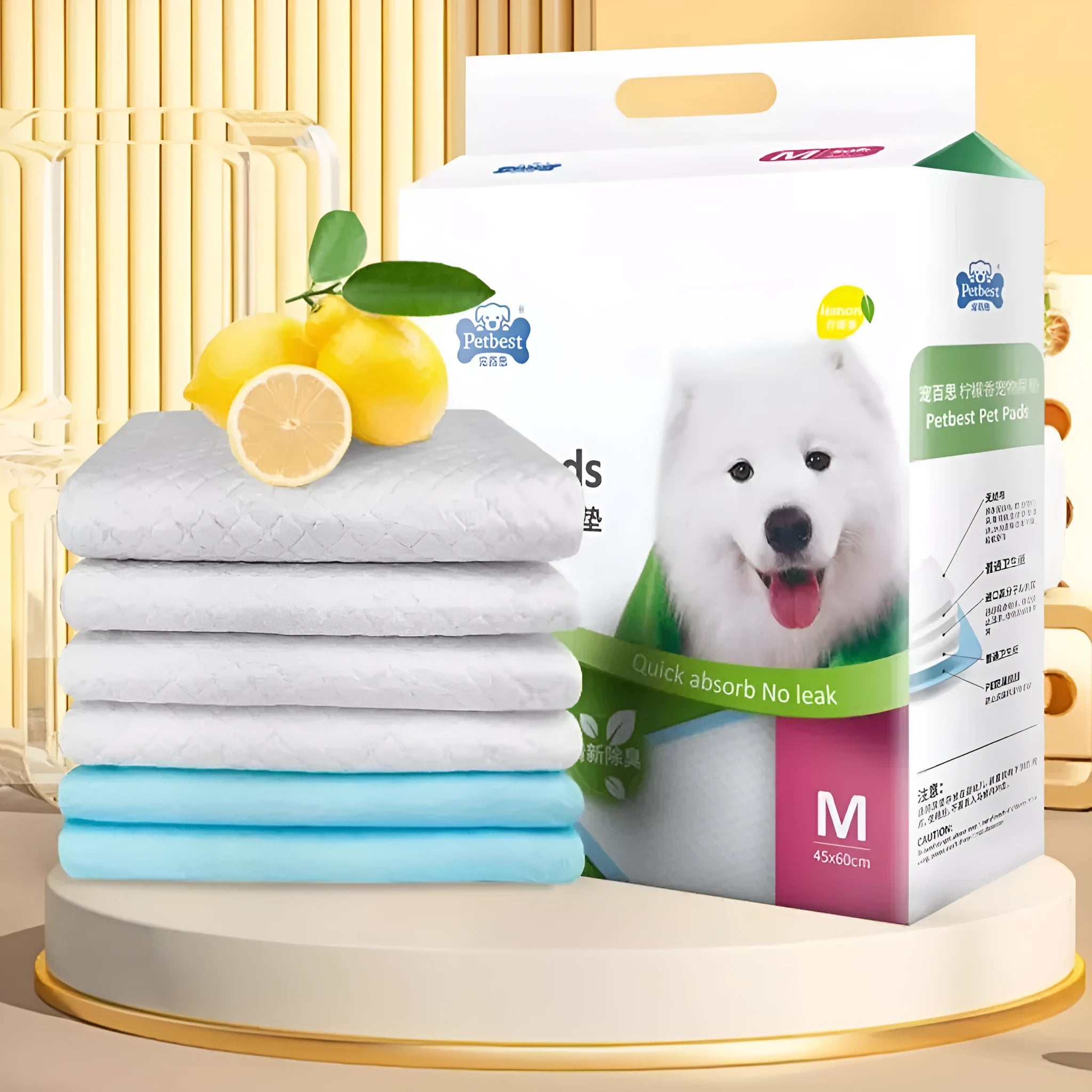 Pack of thickened absorbent dog urine pads showing size options and variant types like bamboo charcoal and lemon scent.