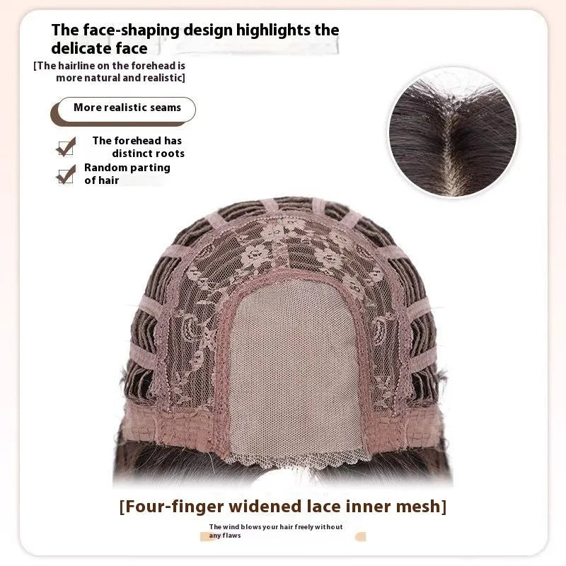 Natural black straight forehead lace wig with styling accessories displayed on bracket