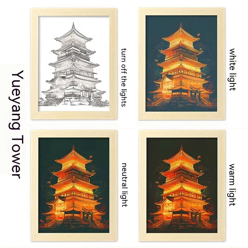 LED illuminated picture frame night lamp showing landscape design with USB cable connection