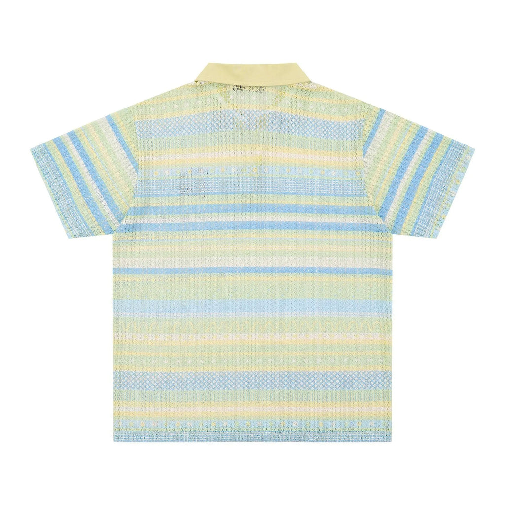 Blue or yellow printed men's short sleeve shirt with elastic band construction