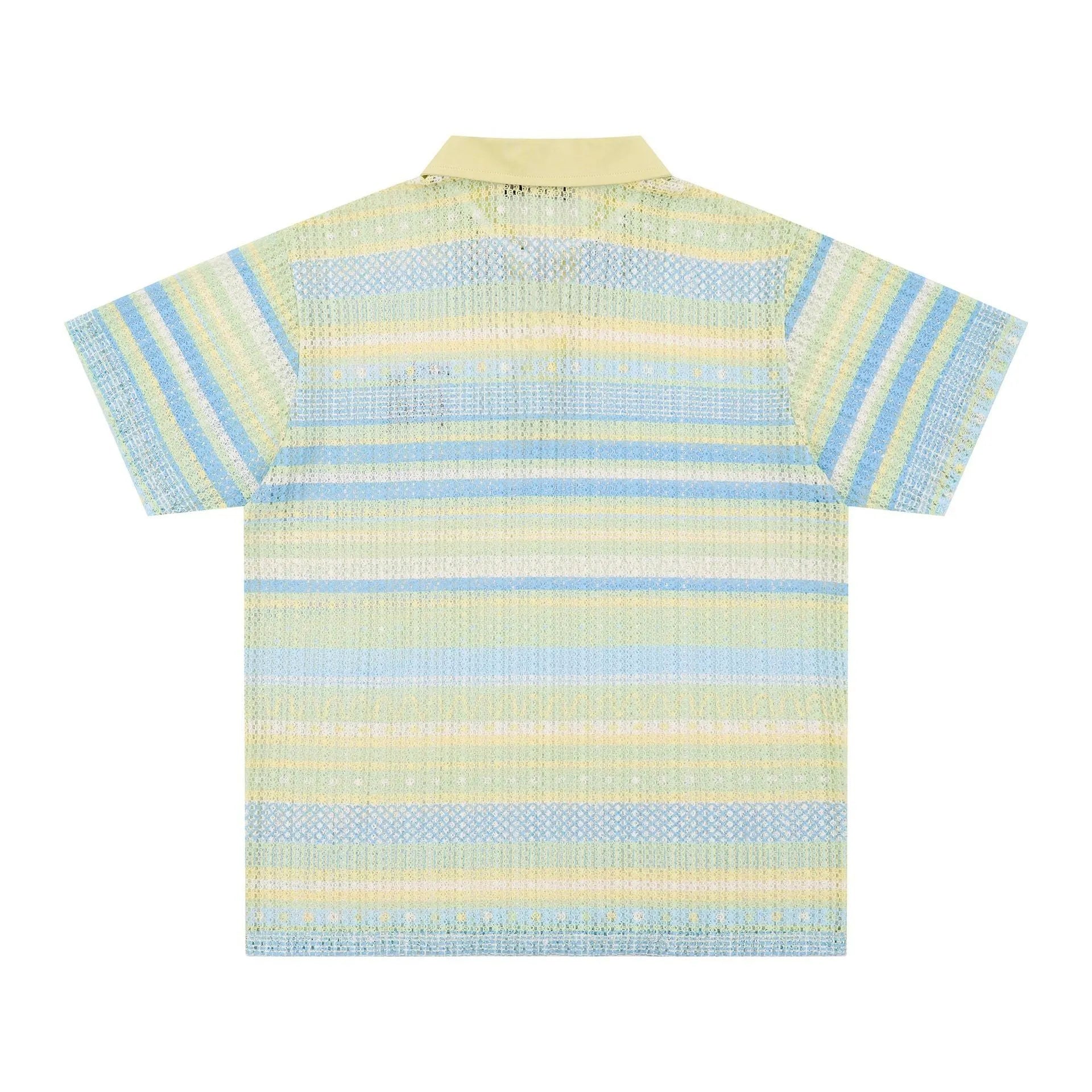 Blue or yellow printed men's short sleeve shirt with elastic band construction