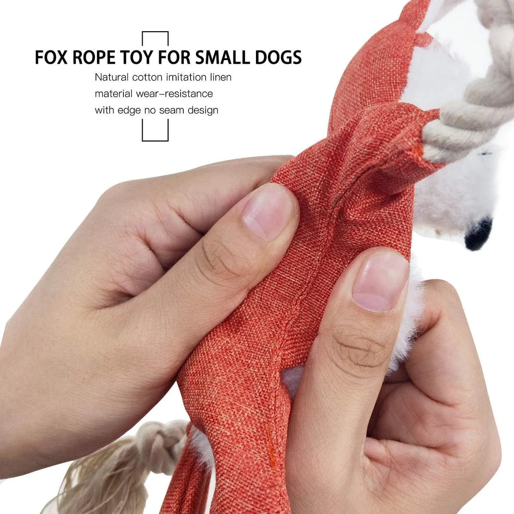 Brown plush fox dog toy with embroidered eyes, cotton rope arms and legs, and a squeaker.