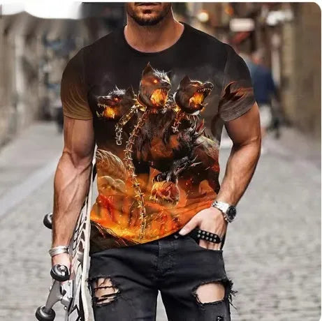 Men's black t-shirt with a fierce 3D lion head print on the front.