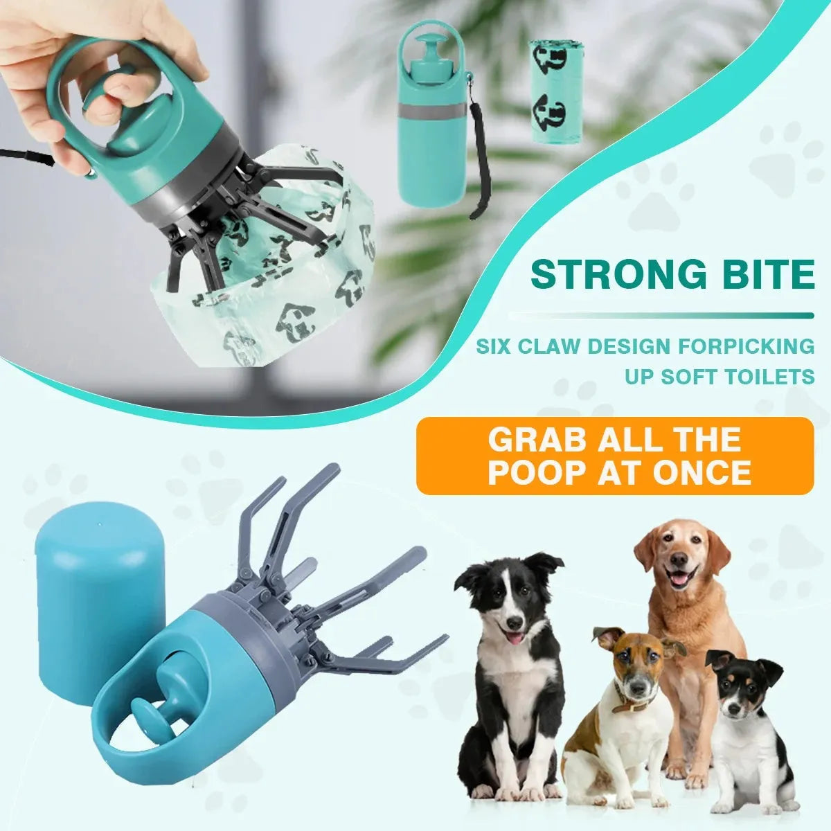 Blue pet pooper scooper with claw design and integrated garbage bag dispenser