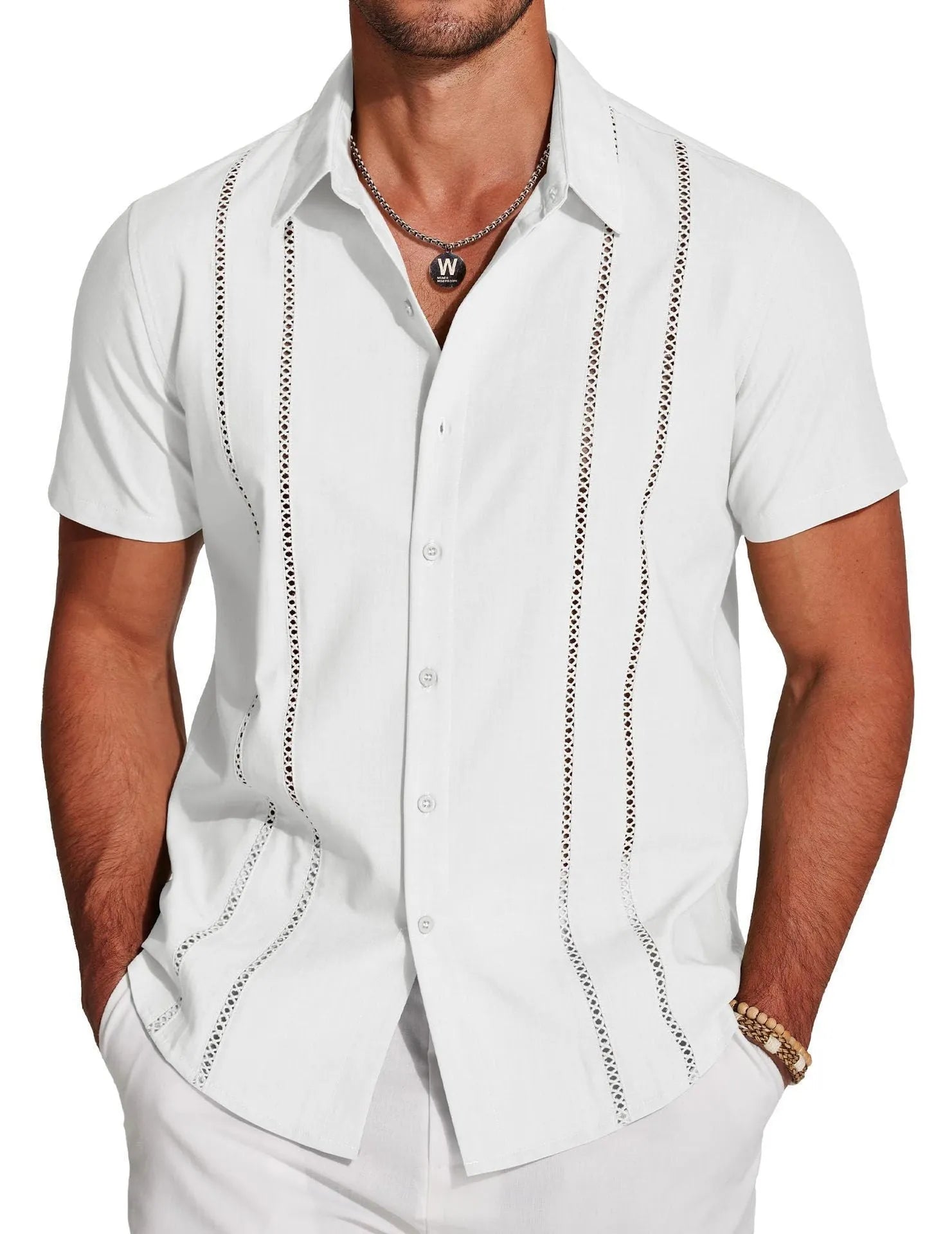 Men's slim fit digital printed Hawaiian short sleeve shirt in elastic polyester, showing colour options.