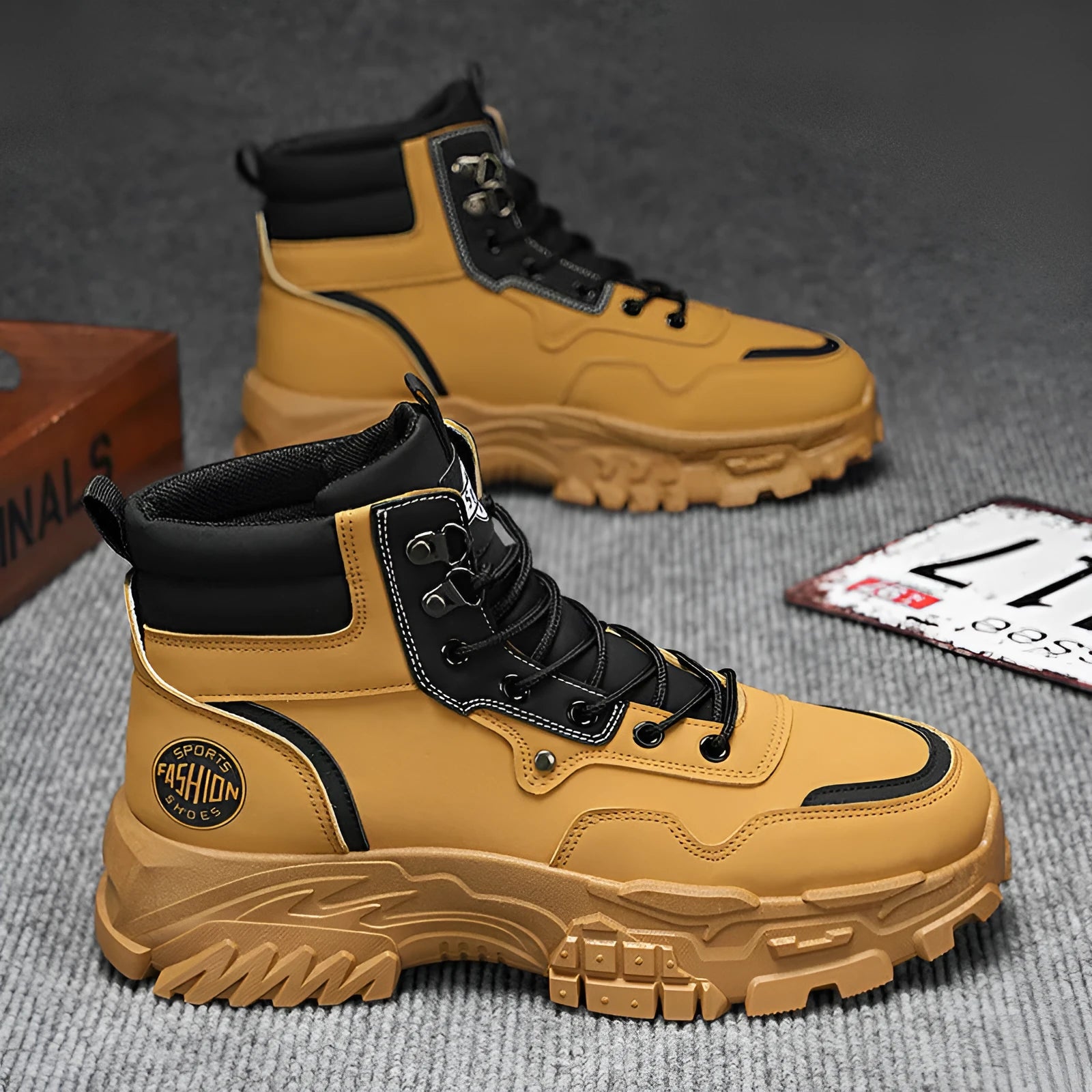 Men's black and yellow Martin boots with artificial PU upper and injection moulded soles