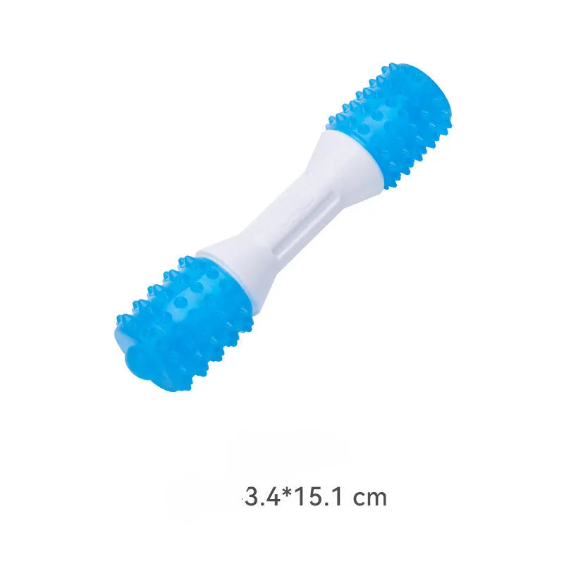 Dual-colour TPR rubber puppy teething chew toy for moderate chewers, shown in sizes small, medium, and large.