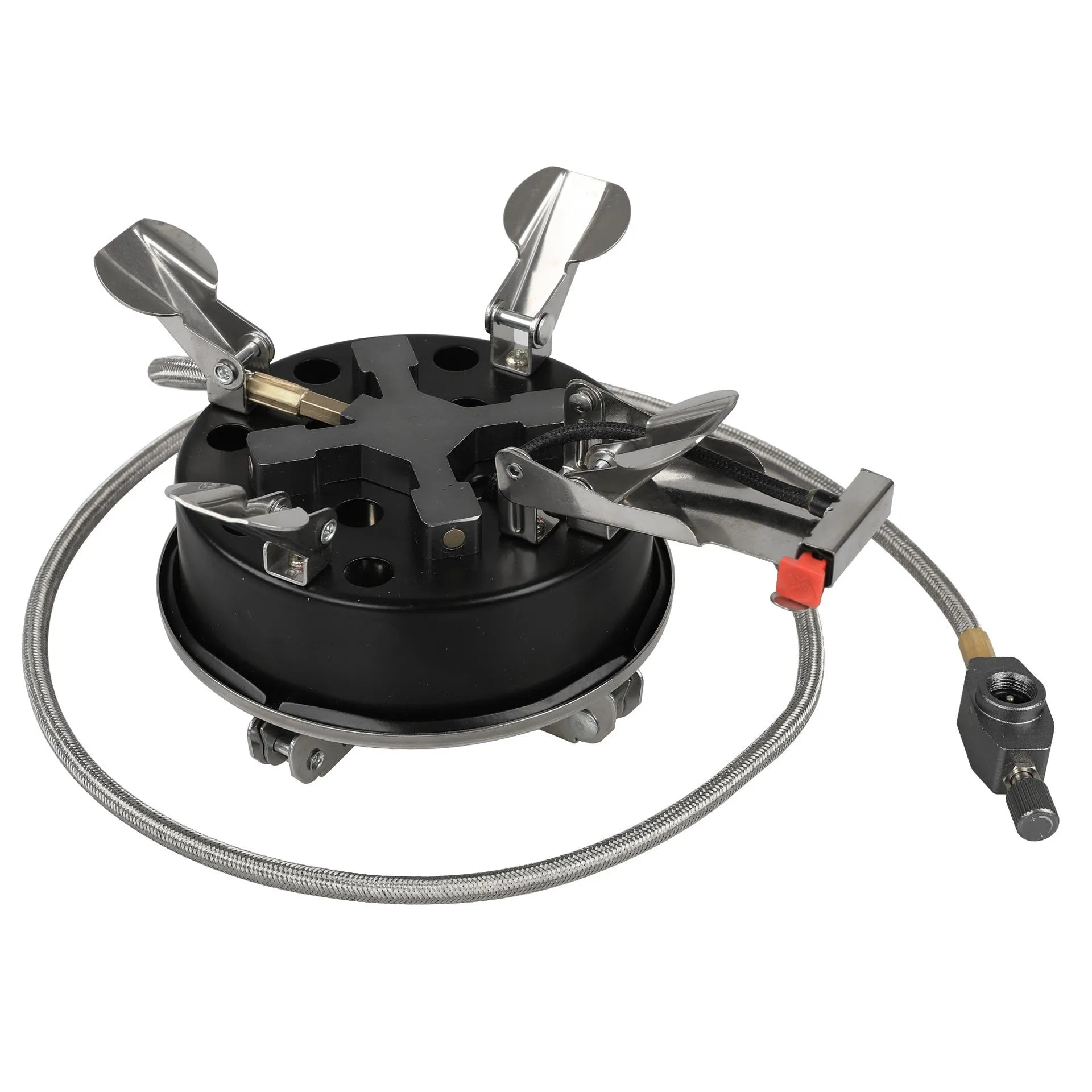 Silver foldable stainless steel portable camping split stove with a long gas hose