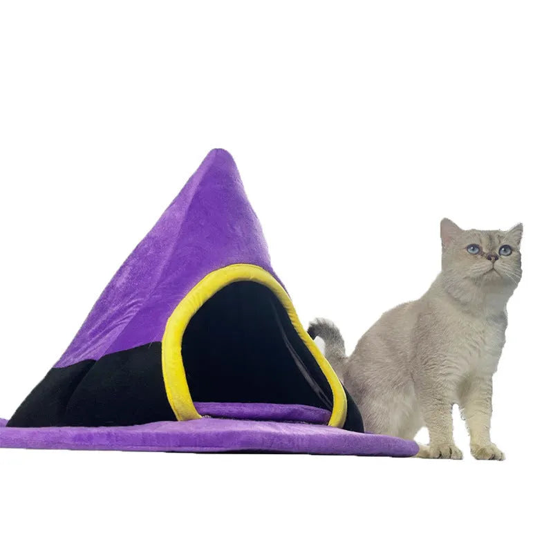 Purple Halloween witch hat shaped cat nest pet bed measuring 60 by 45 cm
