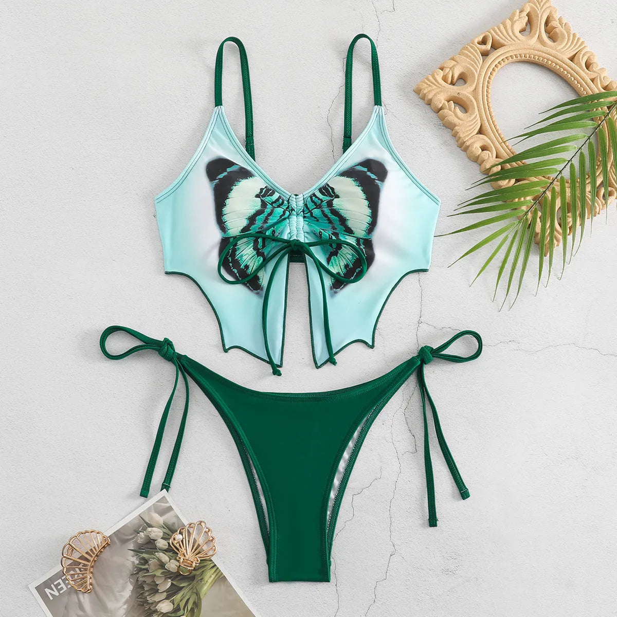 Women's sleeveless split bikini set with bow detail in multiple colour options