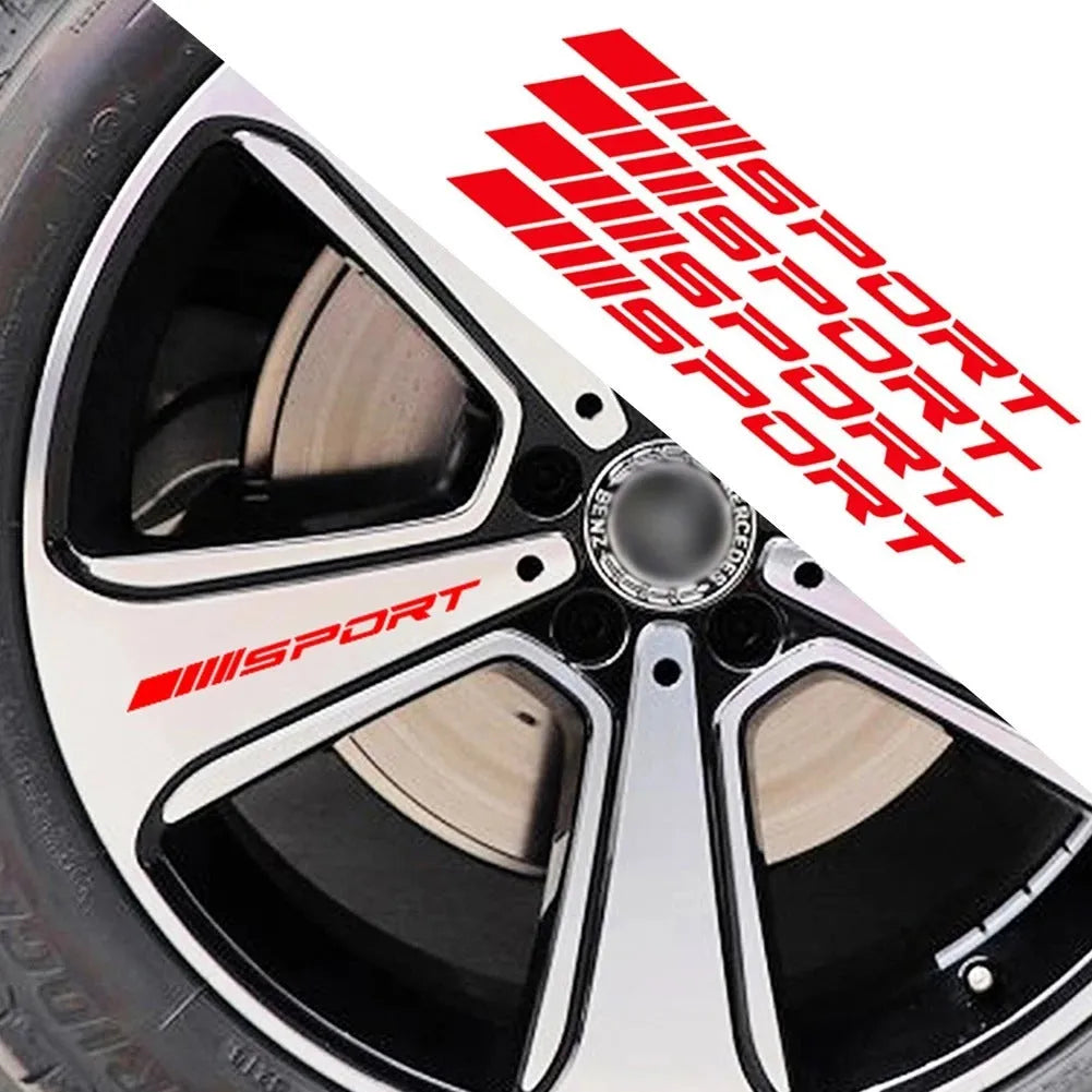 PET car rim stickers with hollow sports design measuring 10cm by 0.7cm in black, red, and white