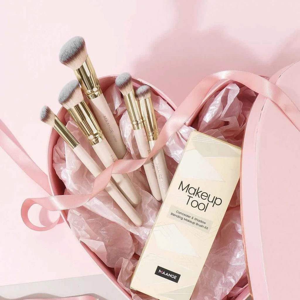5-piece apricot makeup brush set with angled blush brush for contouring