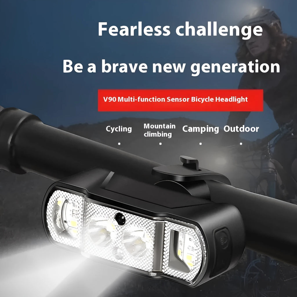 Black bicycle headlight with LED, showing mounting bracket and rechargeable battery.