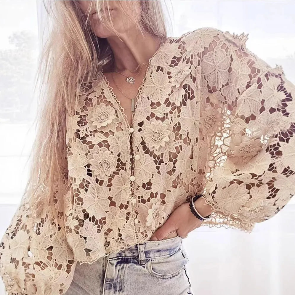 Women's white lace V-neck cardigan with three-dimensional floral decoration and long sleeves