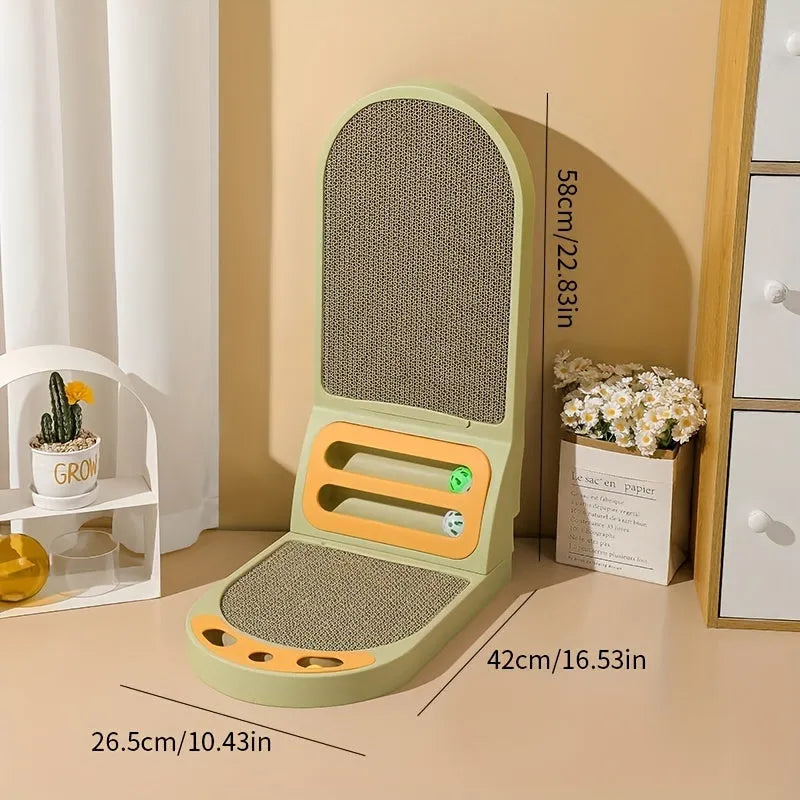 Grey L-shaped vertical cat scratching board made of corrugated cardboard on a wooden floor.