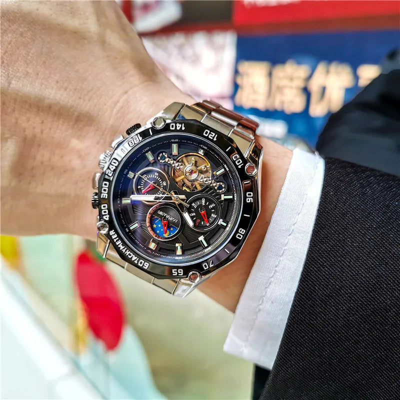 Men's automatic mechanical casual watch with a 12mm thick case in various colour finishes.