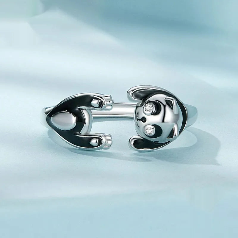 Adjustable sterling silver open ring with white gold plating and a detailed panda design.