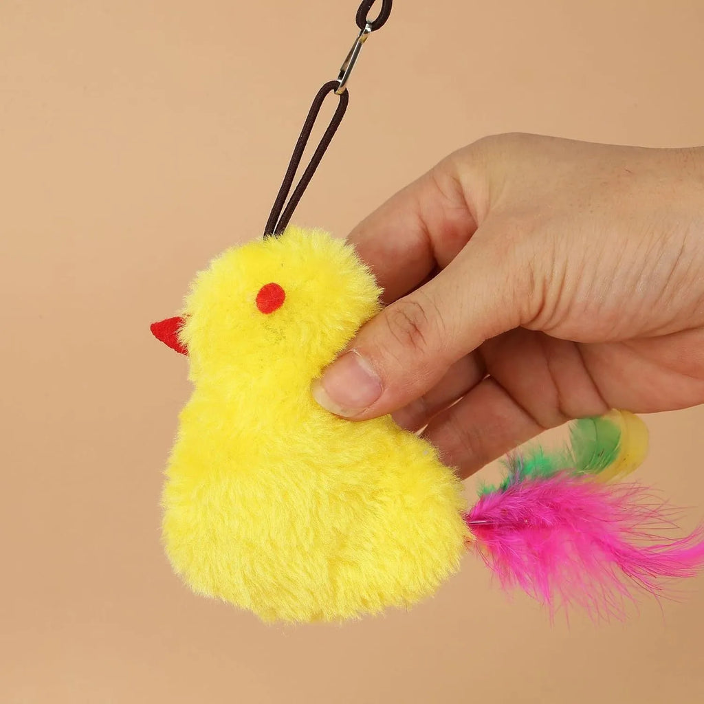 Grey and yellow hanging cat toy with elastic rope, dangling mouse attachment, and treat dispenser bulb