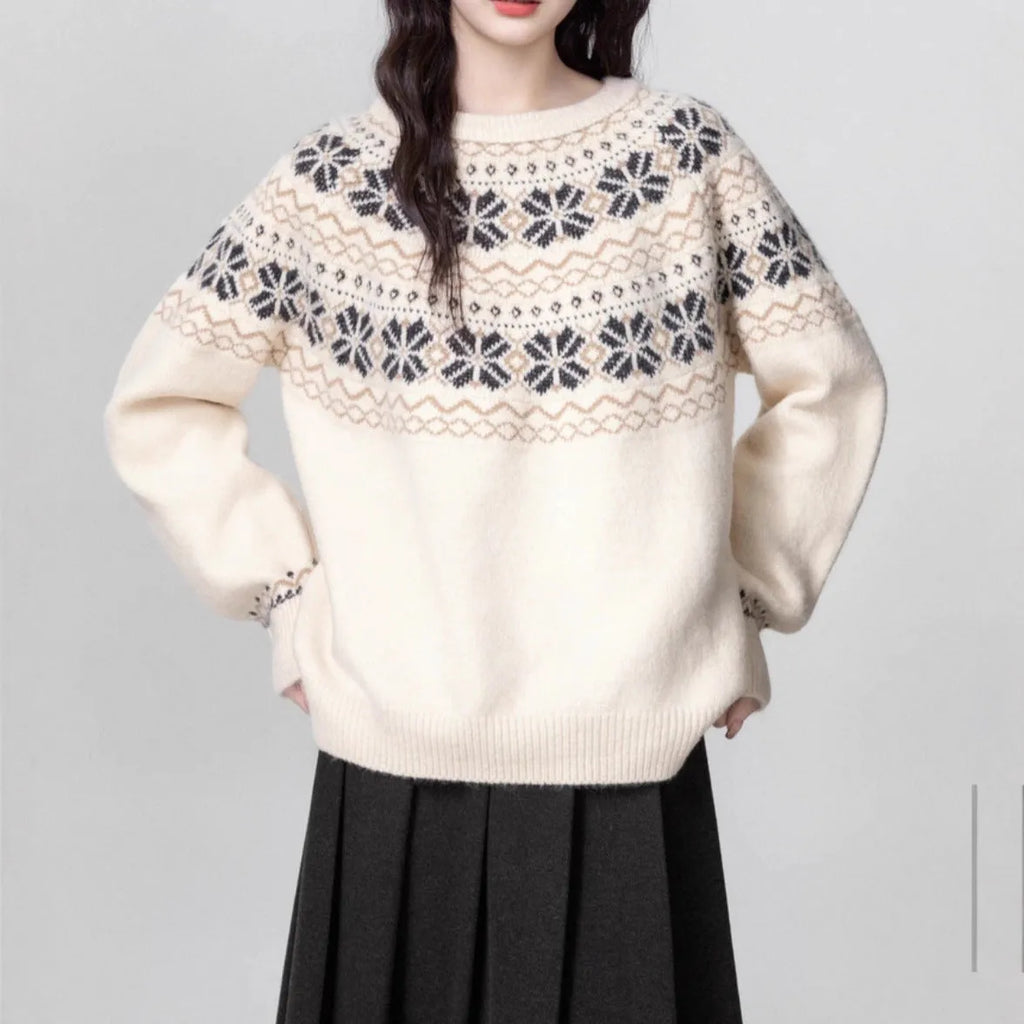 Women's Milky White vintage Fair Isle geometric pattern pullover sweater with long sleeves and crew neck.
