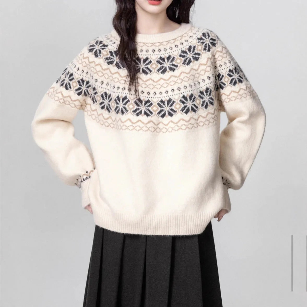 Women's Milky White vintage Fair Isle geometric pattern pullover sweater with long sleeves and crew neck.