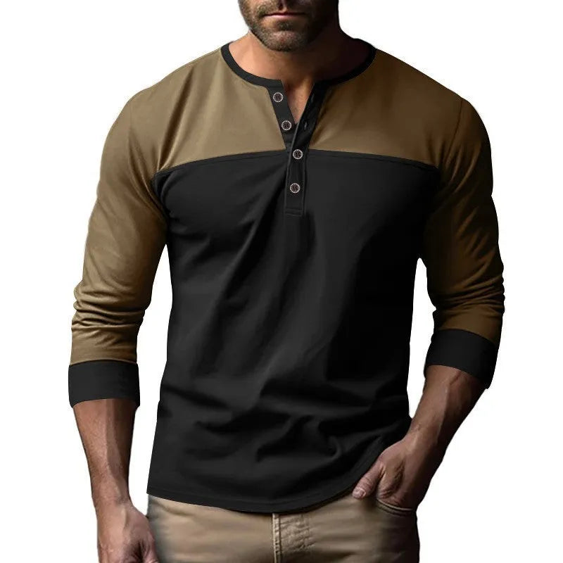 Men's brown army green long-sleeve casual shirt with Henry collar