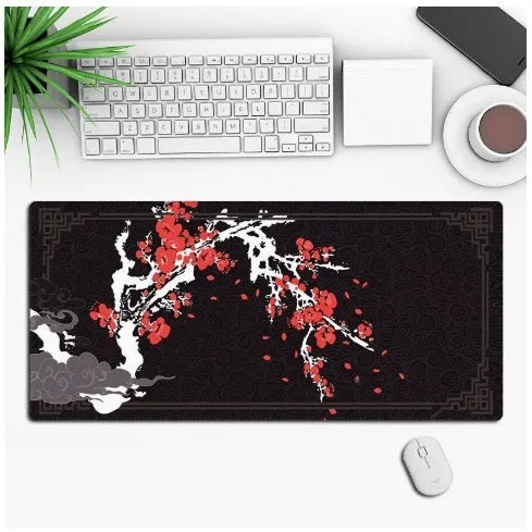 Anime-themed gaming mouse pad on a desk with non-slip rubber cloth base.