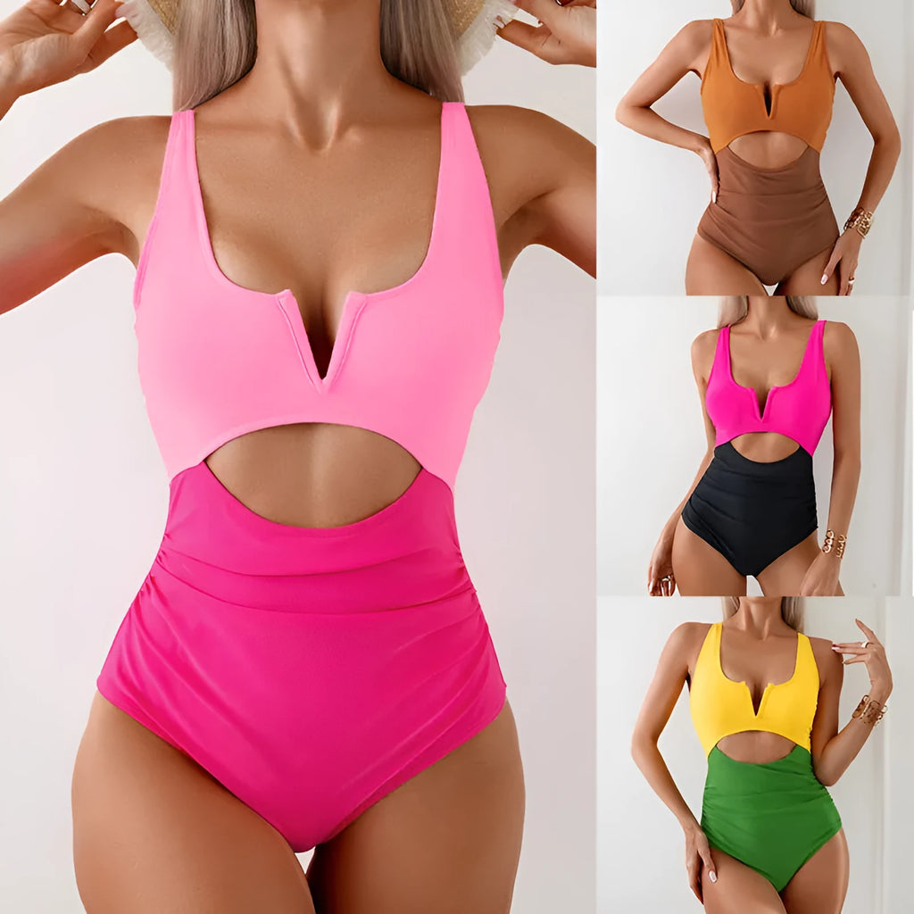 Women's one-piece swimsuit with contrast colour panels in green, black, dark pink or brown.