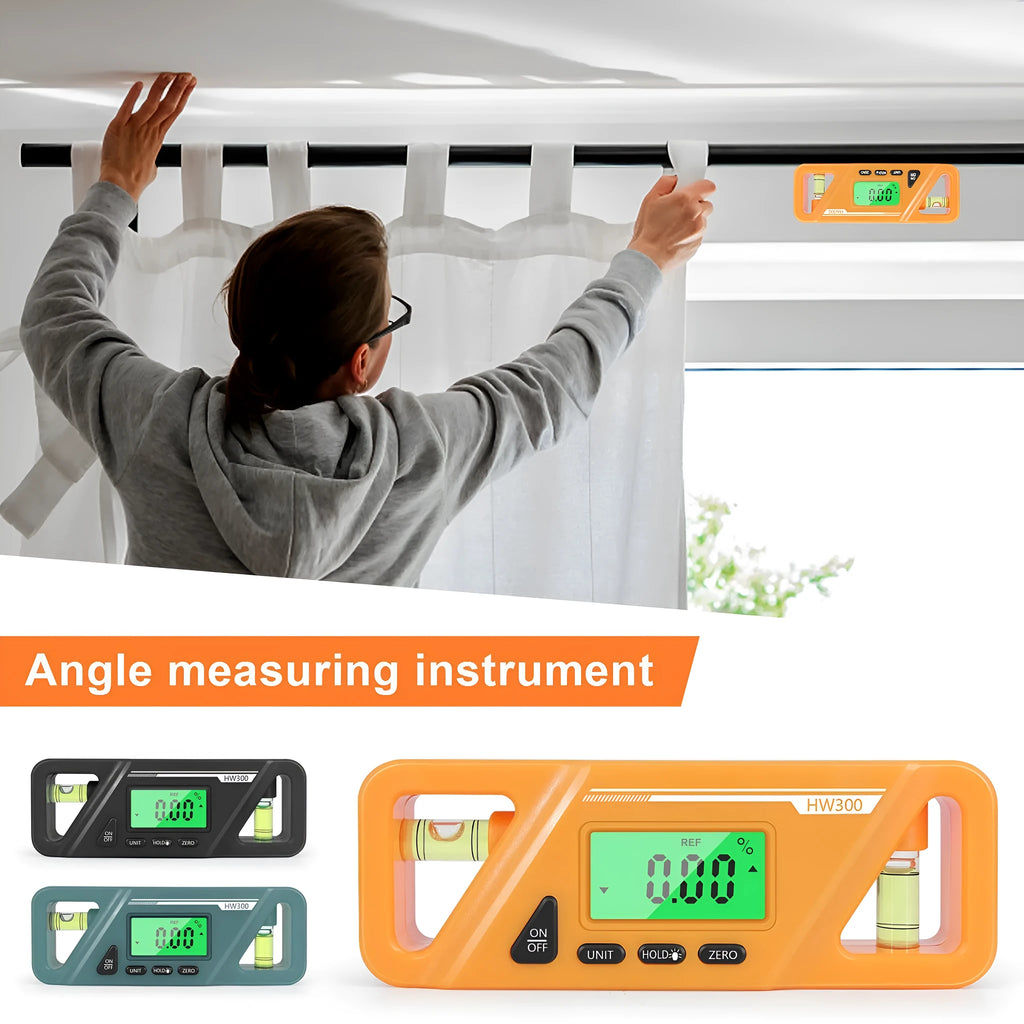 HW300 digital inclinometer level meter with magnetic base and LCD display, showing angle measurement.