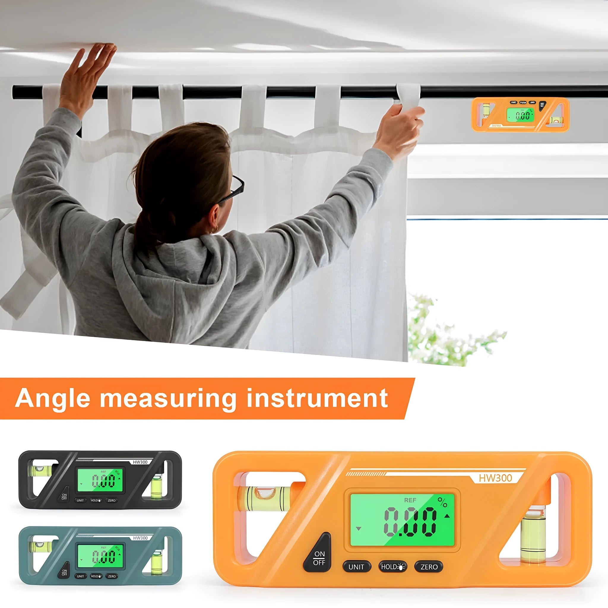 HW300 digital inclinometer level meter with magnetic base and LCD display, showing angle measurement.
