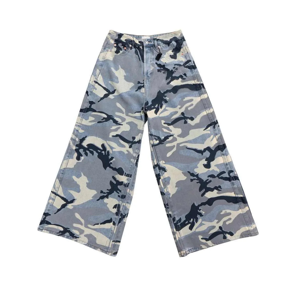 Snow camouflage blue loose fit jeans with micro-elastic denim fabric