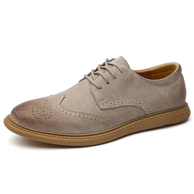 Men's grey genuine leather low-top business shoes with lace-up design and rubber soles
