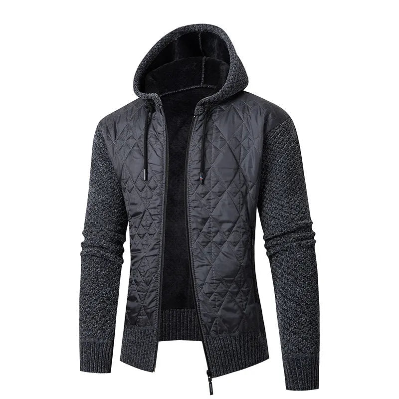 Men's grey hooded sweater coat cardigan with cinched waist and corduroy texture