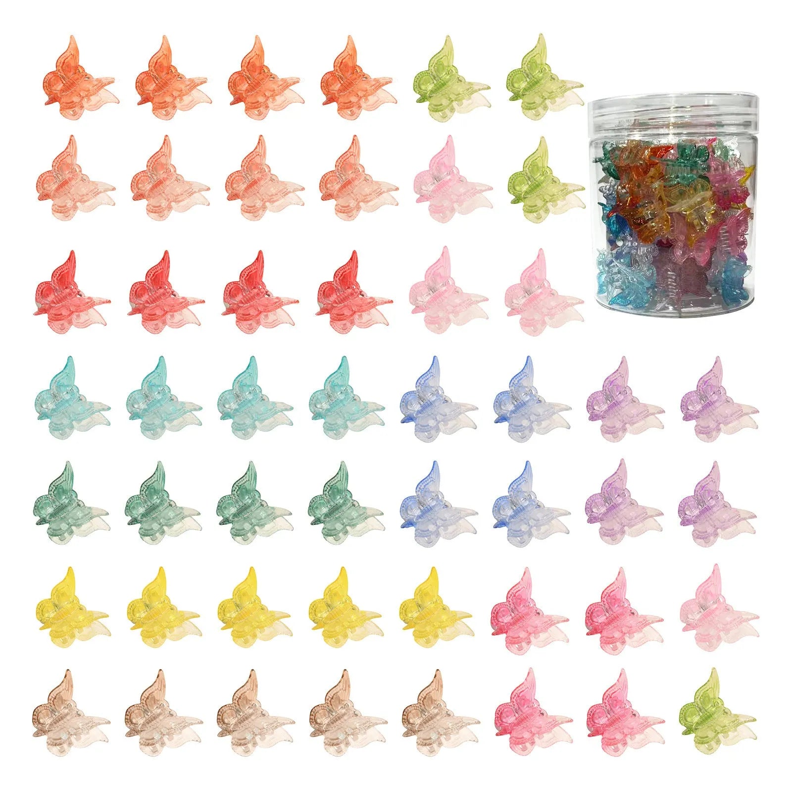 Assorted glitter butterfly hair claw clips showing multiple colours from 50-piece set with compact dimensions