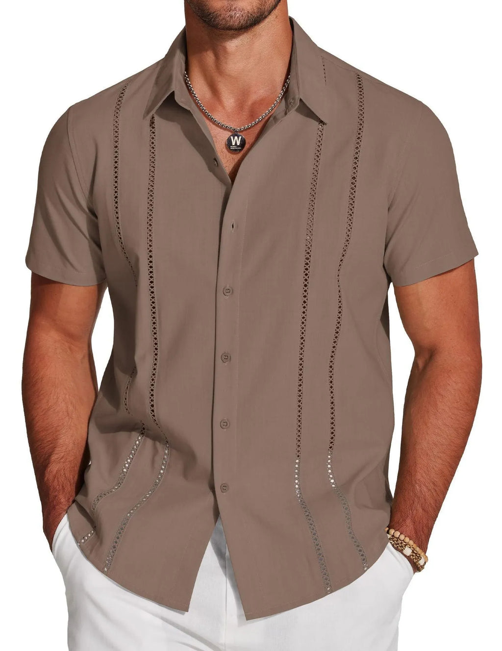 Men's slim fit digital printed Hawaiian short sleeve shirt in elastic polyester, showing colour options.