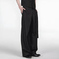 Black straight leg trousers with adjustable waistband and single pleated front detail