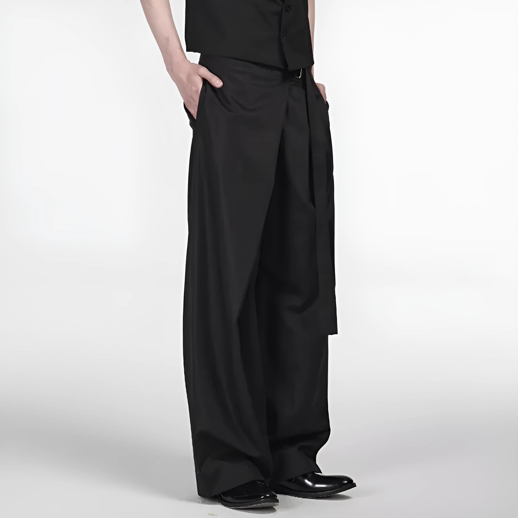 Black straight leg trousers with adjustable waistband and single pleated front detail