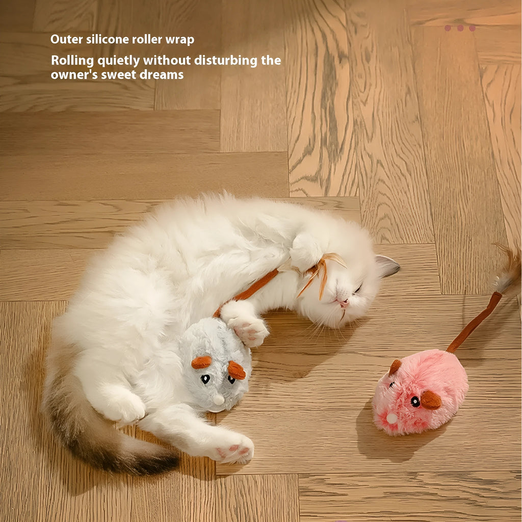 Electric moving cat toy with plush mouse on charging pole in dark grey, pink or purple colour