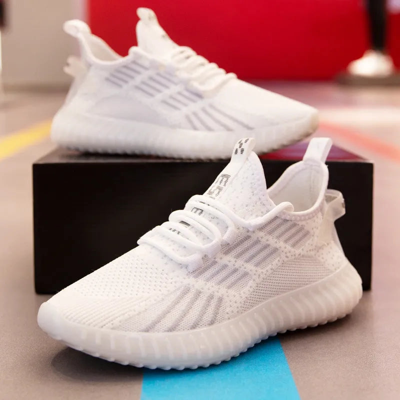 Men's white breathable flying fabric sports shoes with low-cut design and platform heel.
