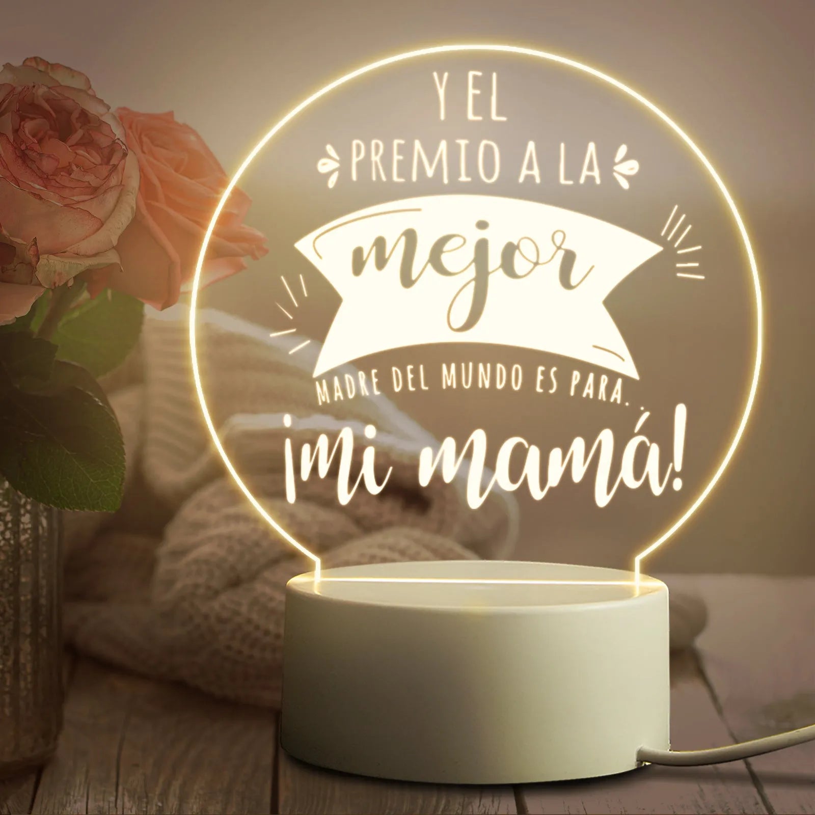 Modern white bedside night light with acrylic shade on ABS base, connected via USB cable.