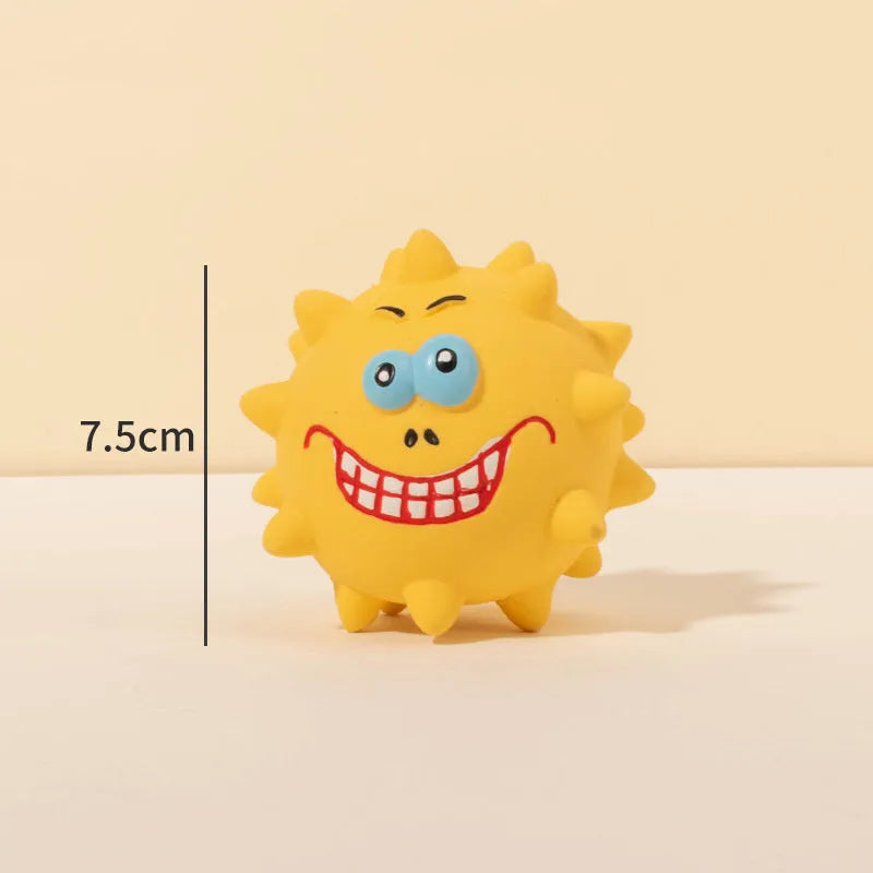 Four colourful natural latex squeaky dog balls with bumpy texture and cute faces