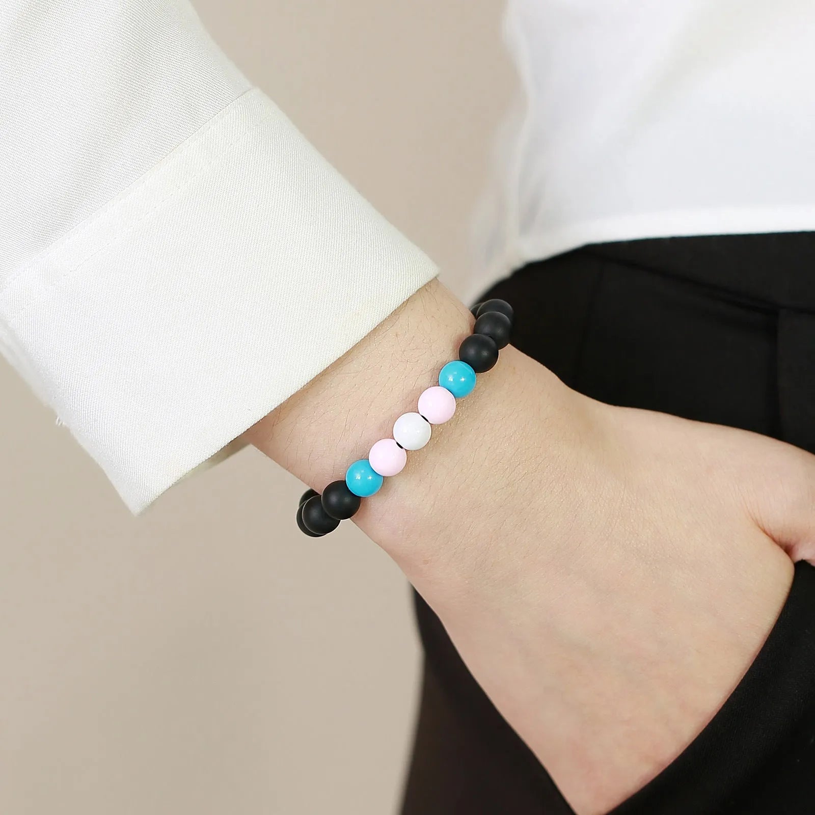 Polished black agate and acrylic beaded bracelet with 8mm beads and letter detailing