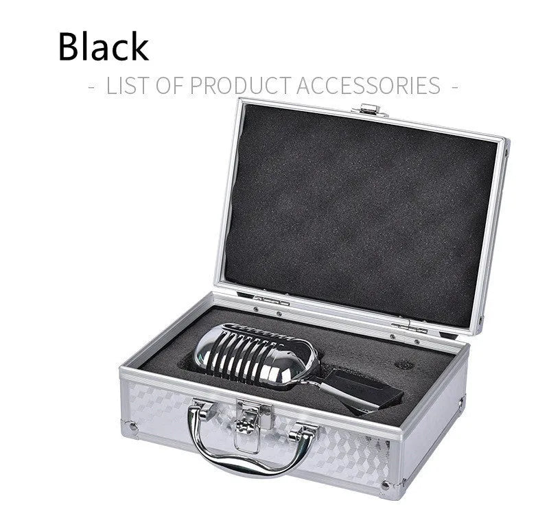 Retro metal wired stage microphone in black colour with moving coil sensor for karaoke use