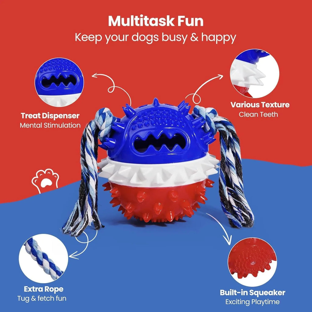 Blue and red bouncy ball dog chew toy with rope and treat hole for aggressive chewers