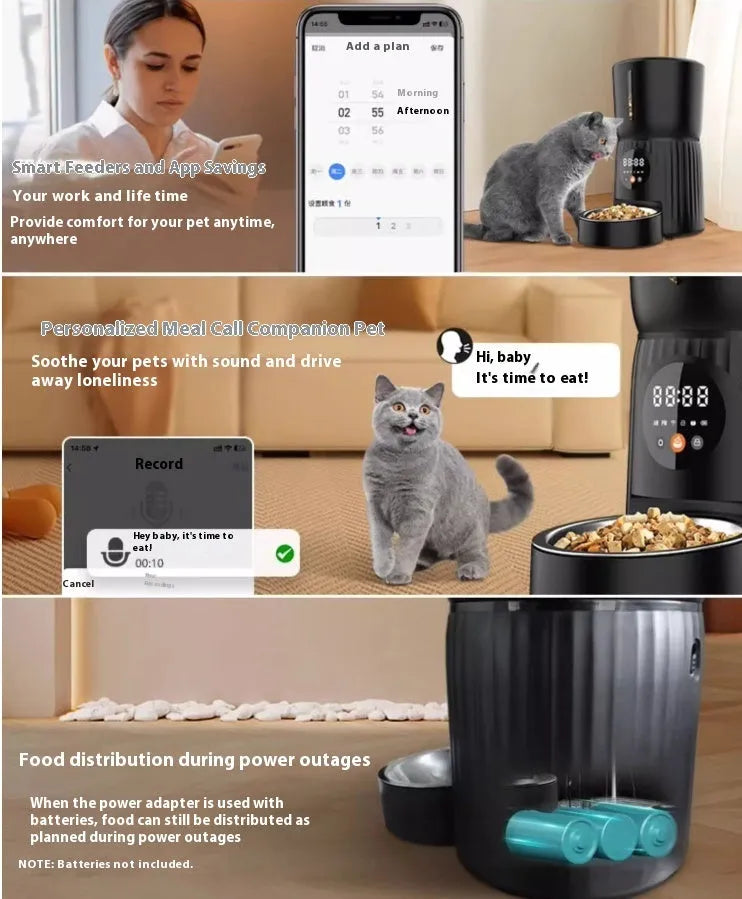 Black and white intelligent pet feeder with automatic timing and quantitative remote feeding via USB power