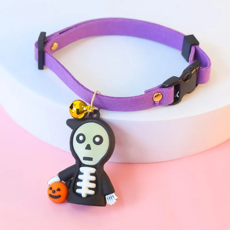 Halloween pet collar decoration showing pumpkin man, luminous brat, and luminous skull cartoon patterns on polyester collar