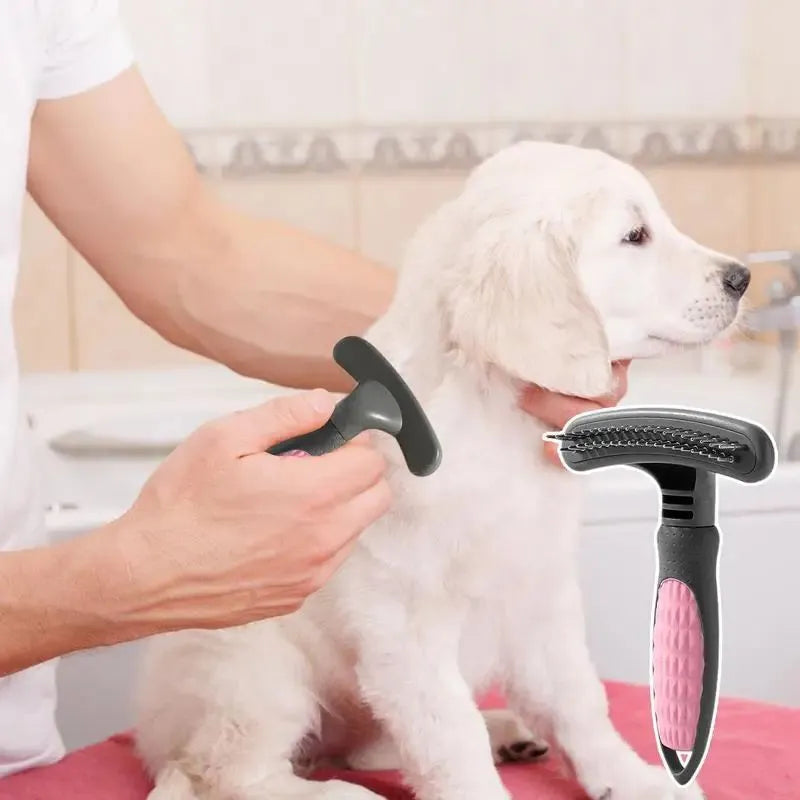 Pet grooming comb for cats and dogs with pink handle and stainless steel teeth