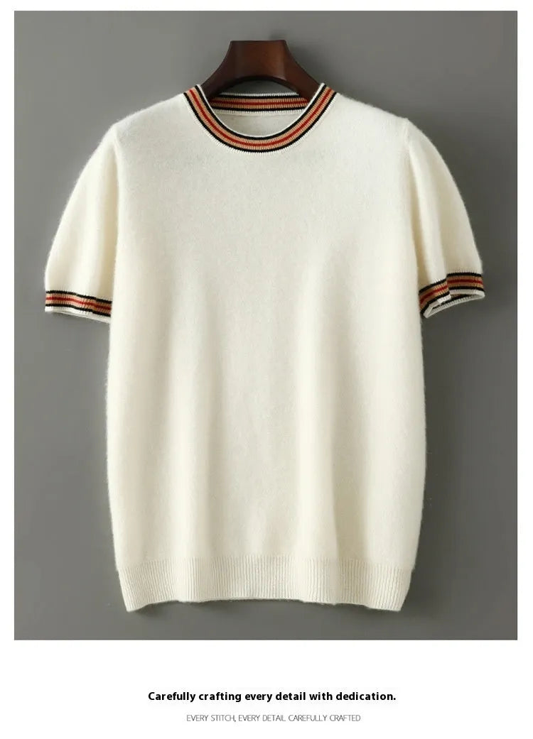 Men's round neck pure wool short sleeve sweater in grey showing regular sleeves and standard wool texture